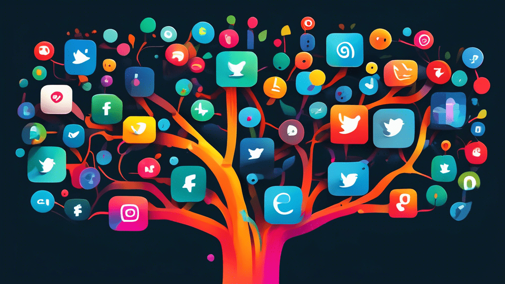 Prompt: A vibrant, minimalist digital illustration showcasing a tree-like structure with clickable buttons representing various social media platforms and websites, symbolizing the concept of a centra
