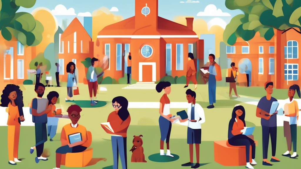 Create an image of a diverse group of people from various age groups and backgrounds actively engaged in learning and collaborating in different settings. These settings include a modern university wi
