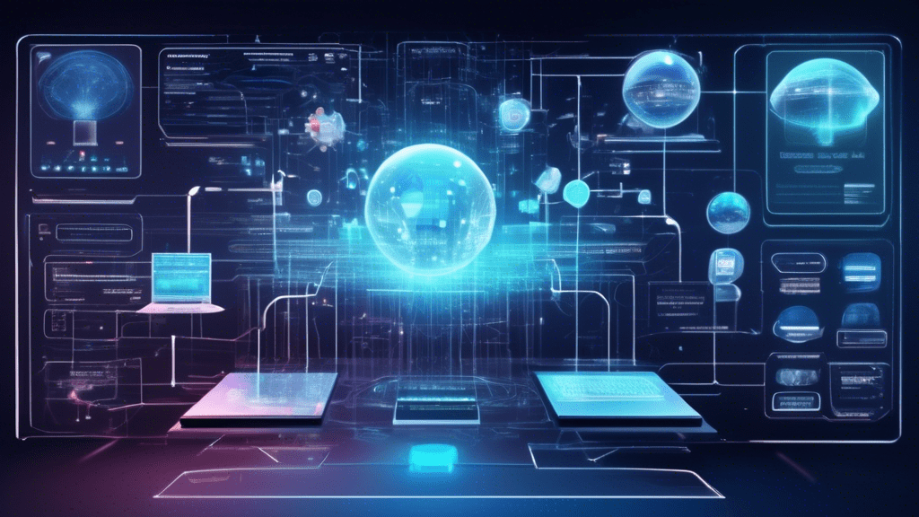 Create an image of a high-tech, futuristic digital landscape featuring various user interfaces displaying multiple sources for downloading AI large language models (LLMs). The scene should include a d