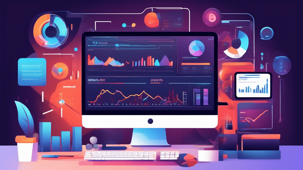 Create an illustrative and modern digital artwork showcasing various split testing tools on computer screens and mobile devices. The scene should include a diverse group of marketers and data analysts