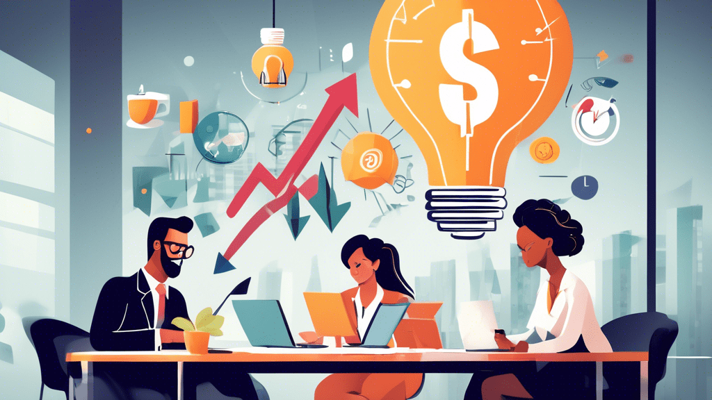 Create an image illustrating the concept of boosting profitability in a business context. Show a modern, sleek office with financial graphs and charts, an upward-pointing arrow symbolizing growth, a d