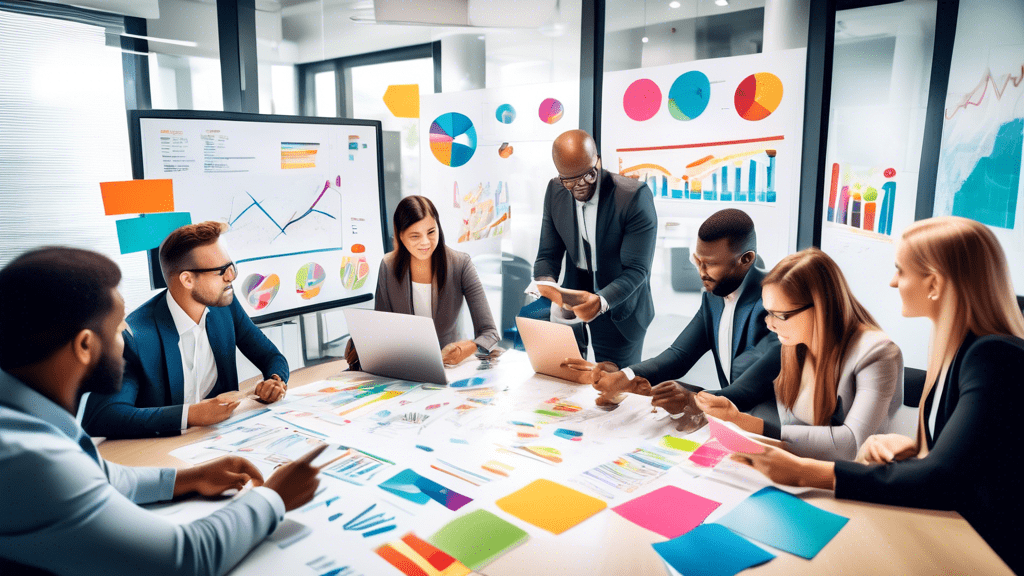 A dynamic visual representation of a thriving business environment: a team of diverse sales professionals gathered around a bright, modern office space, brainstorming over a whiteboard filled with cha