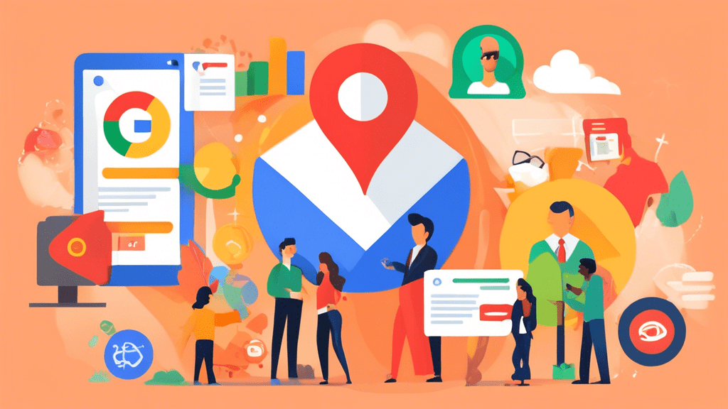 Create an image showcasing various strategies to improve a Google Business Profile ranking. Show icons or symbols representing keyword research, customer reviews, high-quality photos, regular posts, a