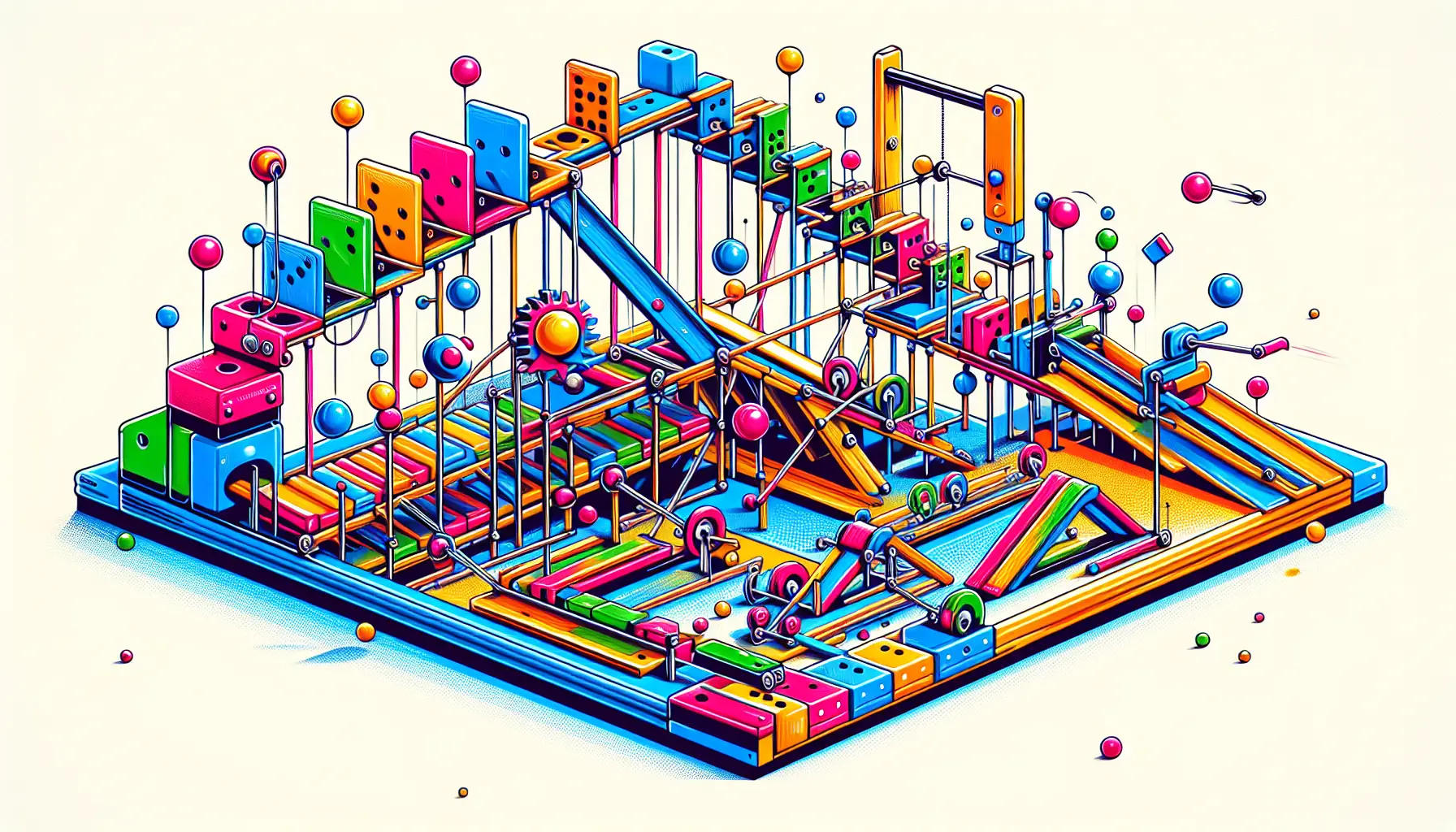 A Rube Goldberg machine sets off a chain reaction that ultimately triggers a Google Analytics 4 event