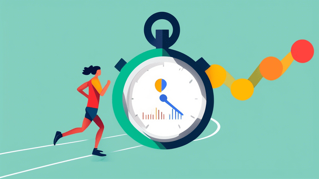 A stopwatch with the Google Analytics logo inside of it, timing a runner on a track