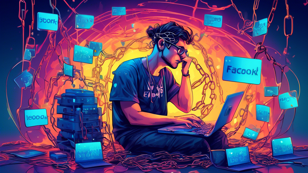 DALL-E Prompt: A frustrated programmer sitting at a computer, surrounded by floating Facebook logos and broken chains, trying to debug access token validation errors in their code.