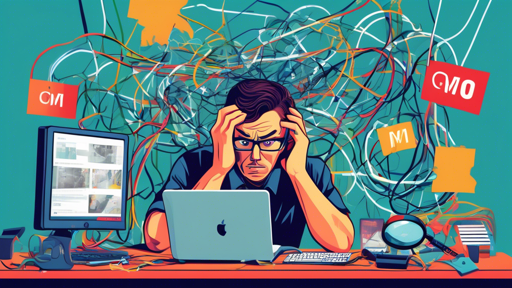 A frustrated business owner surrounded by tangled wires and broken computer screens, with a magnifying glass inspecting a Google My Business logo that has an error message.