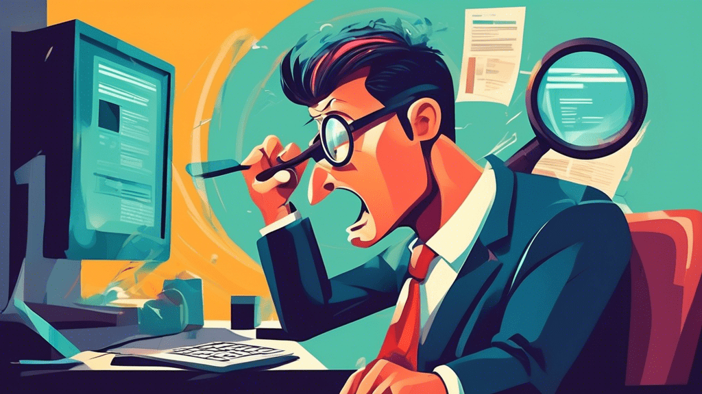 A frustrated business owner pulling their hair out with a magnifying glass stuck in a computer screen displaying a Google Business Profile verification error message.