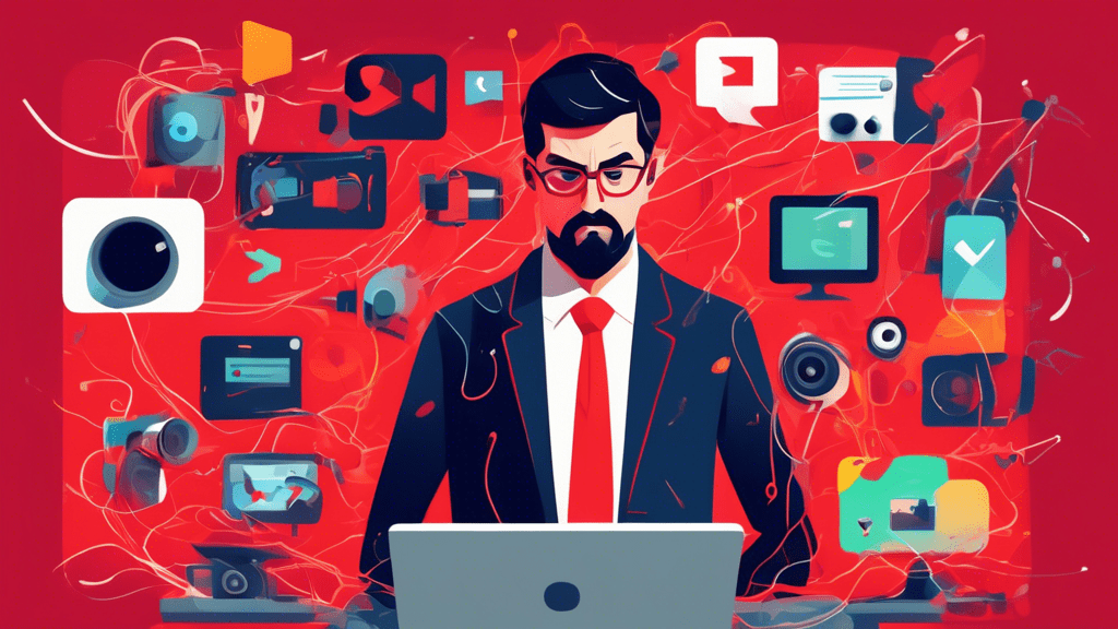 A frustrated business owner staring at a laptop screen displaying a Google Business Profile video verification failed message, with a tangled mess of camera equipment and a red X overlayed on a paused