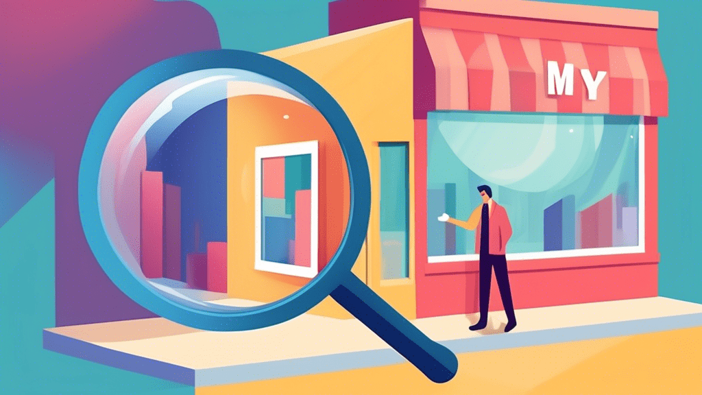 A magnifying glass hovering over a faded Google My Business storefront, with a confused business owner looking at it.