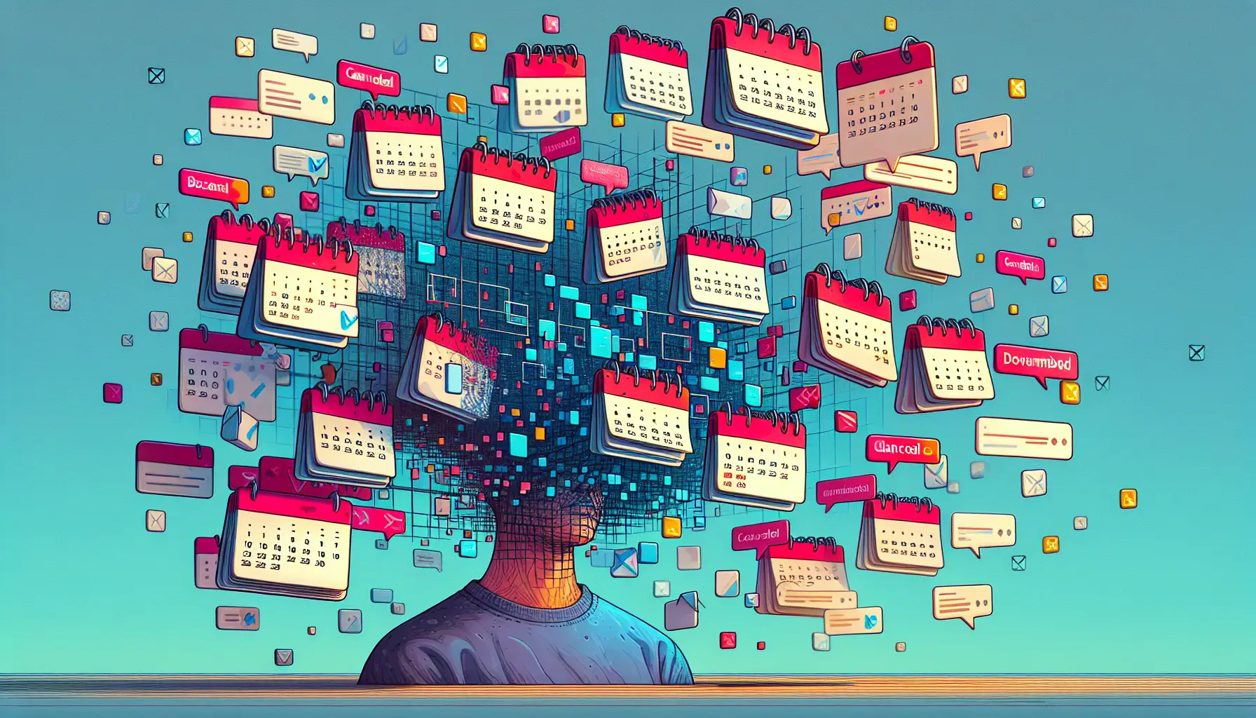 A frustrated person surrounded by floating calendars with crossed-out dates and error messages.
