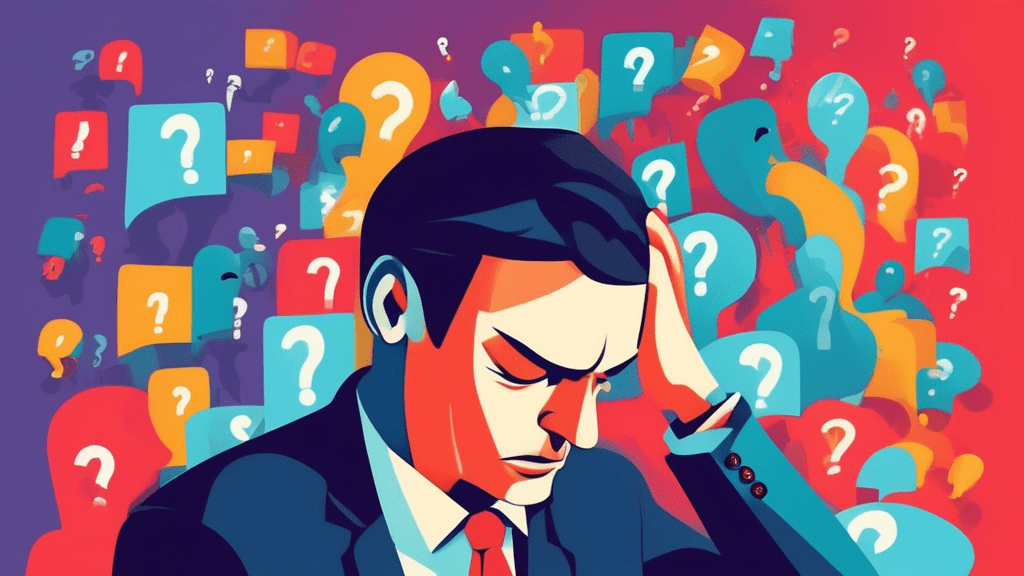A frustrated business owner with their head in their hands, surrounded by floating question marks and a giant Google Business Profile logo emitting error messages.