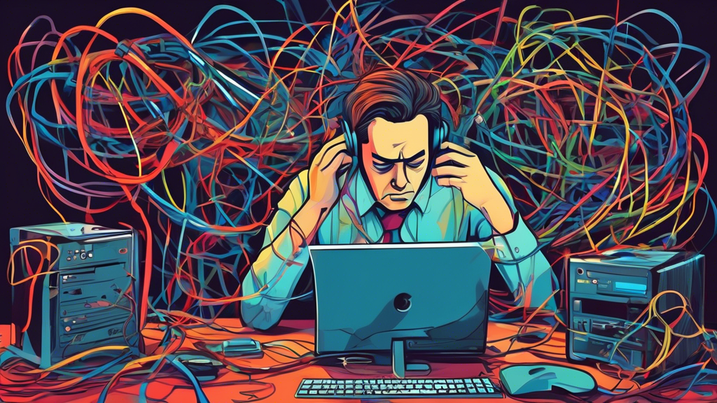A frustrated business owner with their head in their hands, surrounded by tangled wires, a broken computer, and a magnifying glass inspecting their Google Business Profile on a smartphone.
