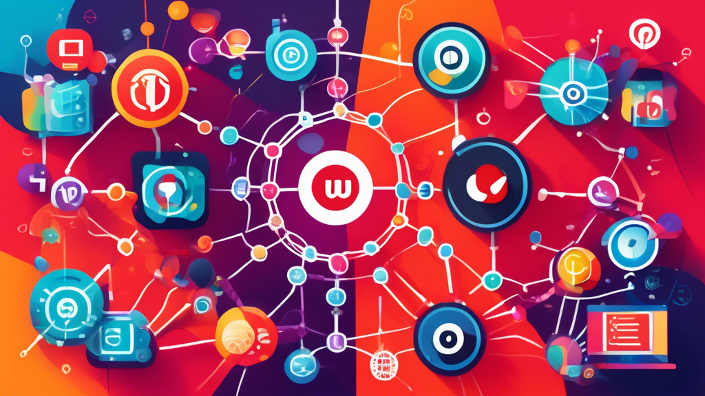 A vibrant, colorful illustration showing a web of interconnected nodes and communication channels, with Twilio's logo at the center, radiating API code snippets and symbols representing various commun