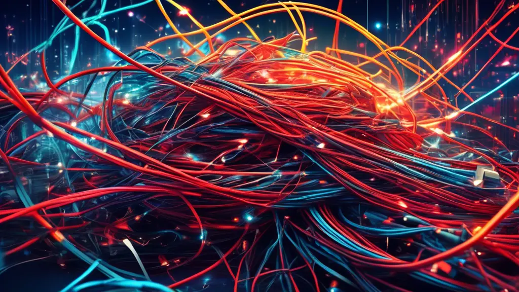 A tangled mess of wires and cables, sparks flying, with the Twilio logo faintly visible in the background
