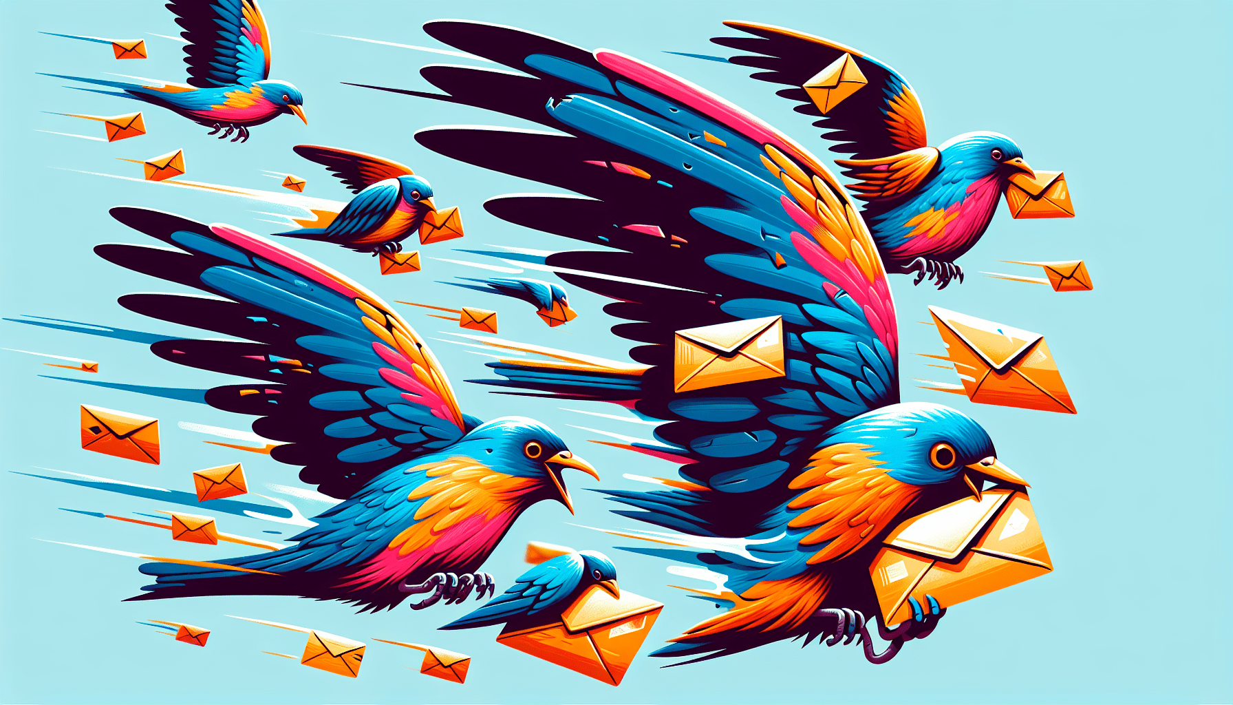 A flock of birds, each with a broken wing, attempting to fly with envelopes in their beaks