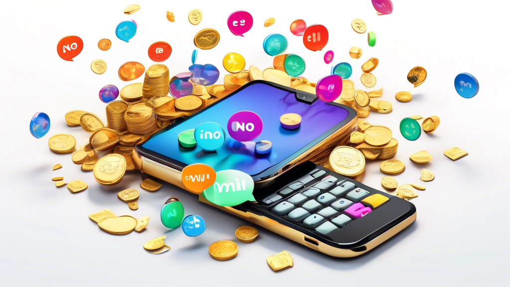 DALL-E Prompt: A 3D illustration of a smartphone displaying a text message conversation, with multiple colorful speech bubbles emerging from the screen, and various gold coins, dollar bills, and a cal