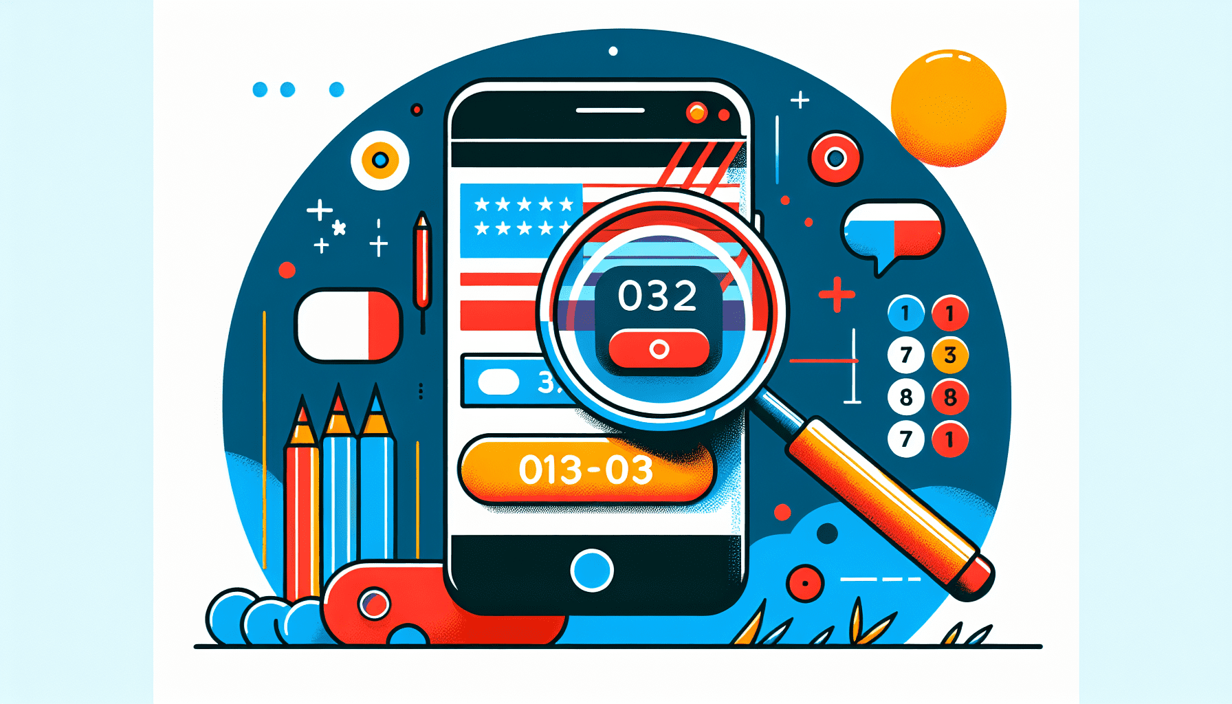 A smartphone with a magnifying glass over the screen, focusing on the US flag and phone number input fields.