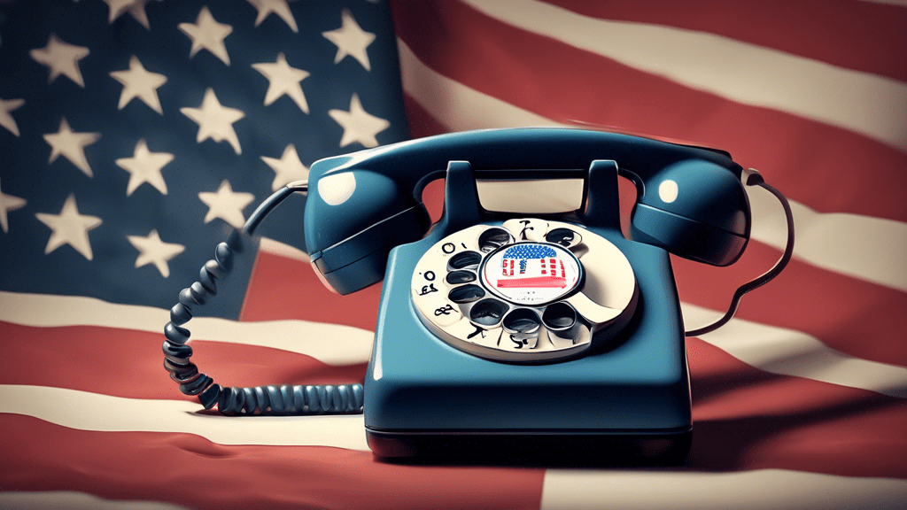 A vintage rotary phone with an American flag draped over it, displaying the numbers 1-800-VERIFY on its rotary dial.