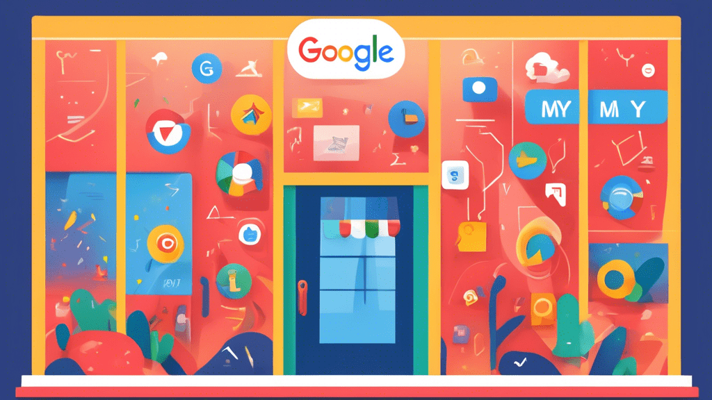 A storefront window displaying a giant Google My Business logo surrounded by icons representing different business categories, with 2024 shining above.
