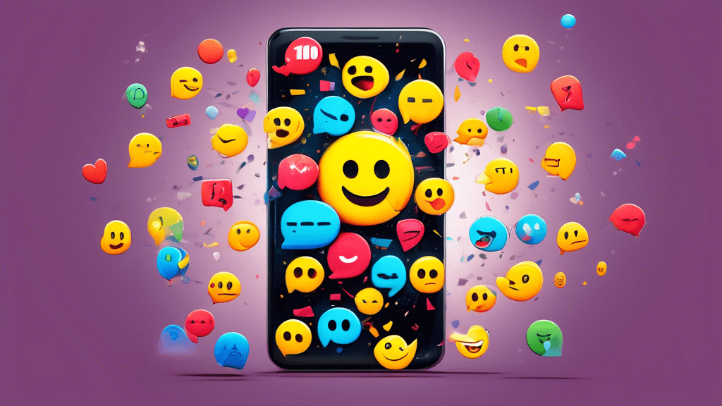 A smartphone with its screen cracked into the shape of the number 10 displaying a text message conversation filled with emojis.