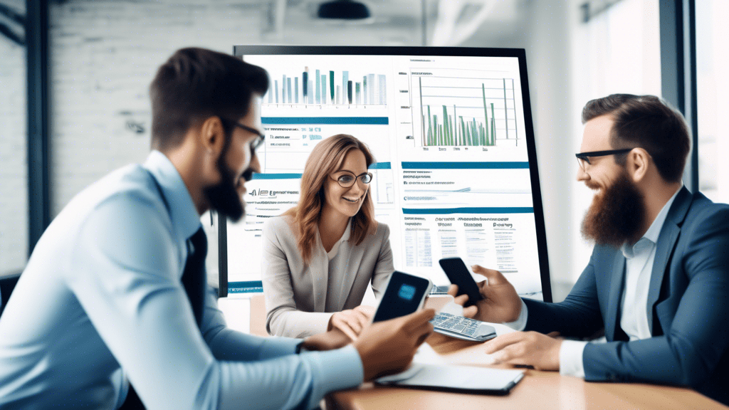 Create an image of a business setting where executives are discussing a smartphone with messages and a 10DLC (10-digit long code) displayed on the screen. Include visual elements like charts, complian
