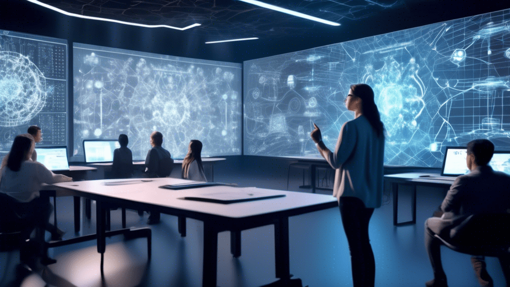 Create an image that features an engaged audience in a modern classroom setting. In the foreground, a dynamic lecturer points towards a large digital screen displaying intricate AI diagrams, neural ne