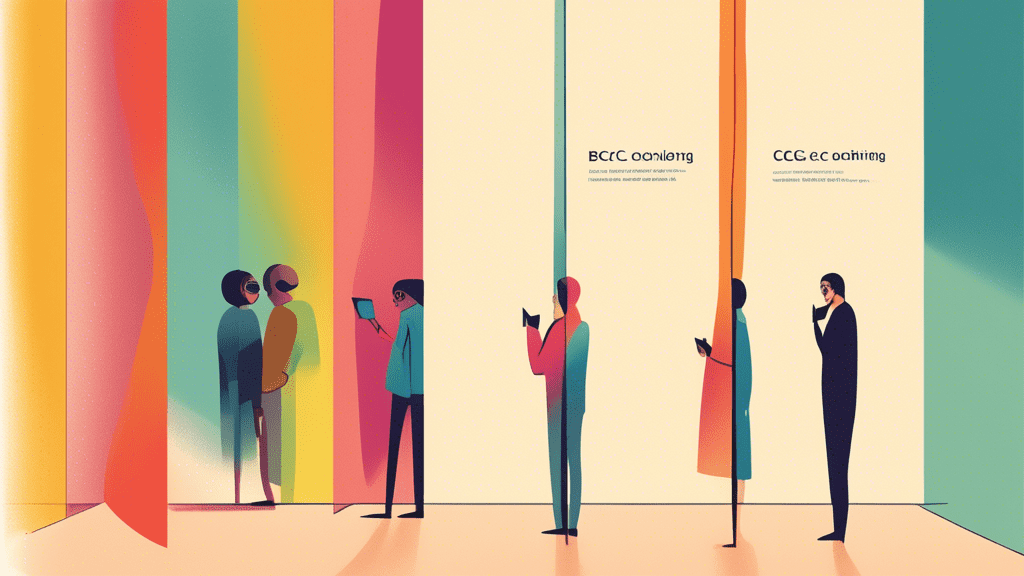 Two illustrated envelopes, one labeled CC with a group of people peering inside, and another labeled BCC with a single person observing from a distance, hidden behind a curtain.