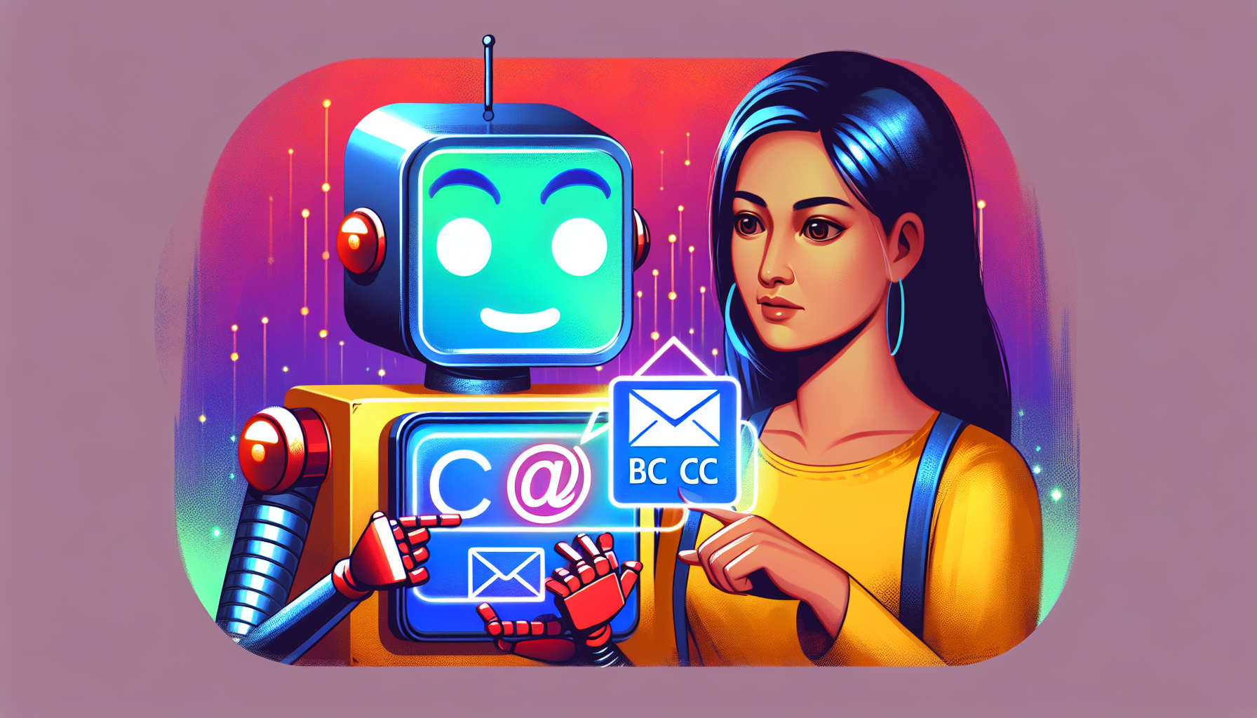 A friendly robot explaining the difference between CC and BCC in an email to a confused human.