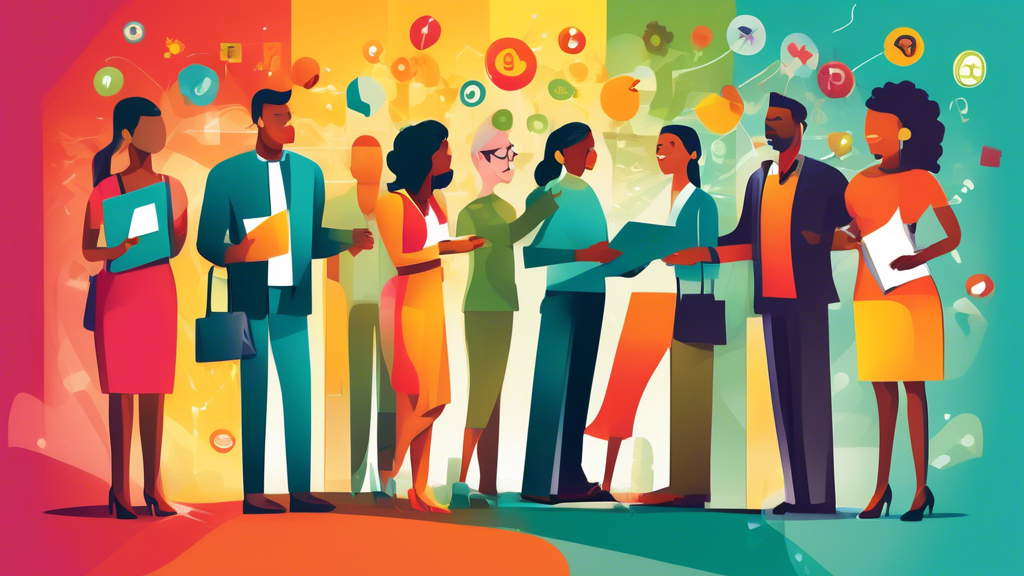 Create an image depicting a diverse group of happy customers interacting with various businesses and services. The scene should include visual elements representing feedback, such as customer reviews