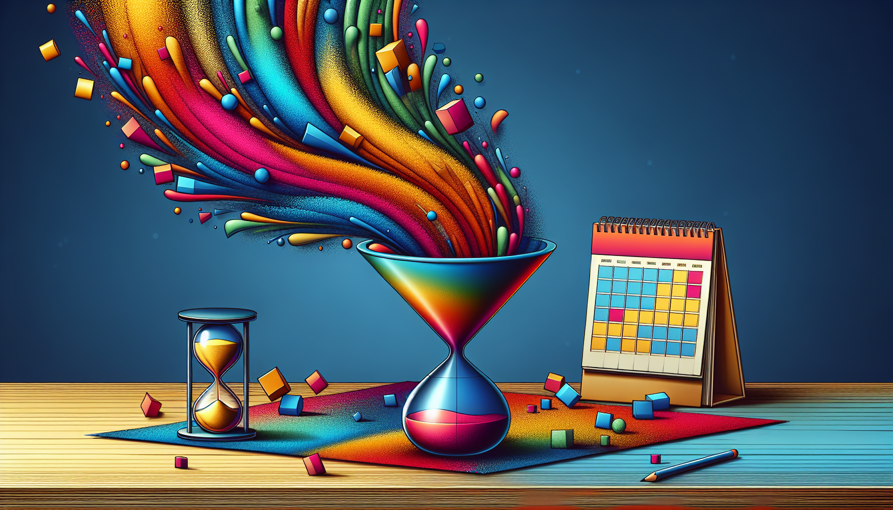 A funnel overflowing with colorful sand, with an hourglass running low beside it and a calendar with a circled date looming in the background.