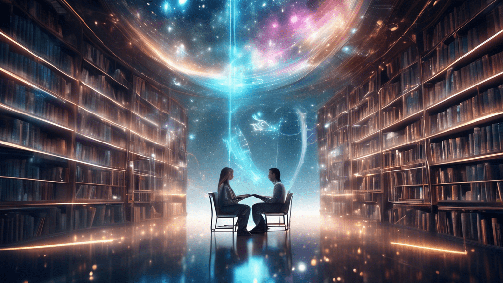 Create an image of a futuristic, ethereal library floating in space, filled with glowing books and holographic text. A pair of twin celestial beings, representing Gemini, are interacting with a comple