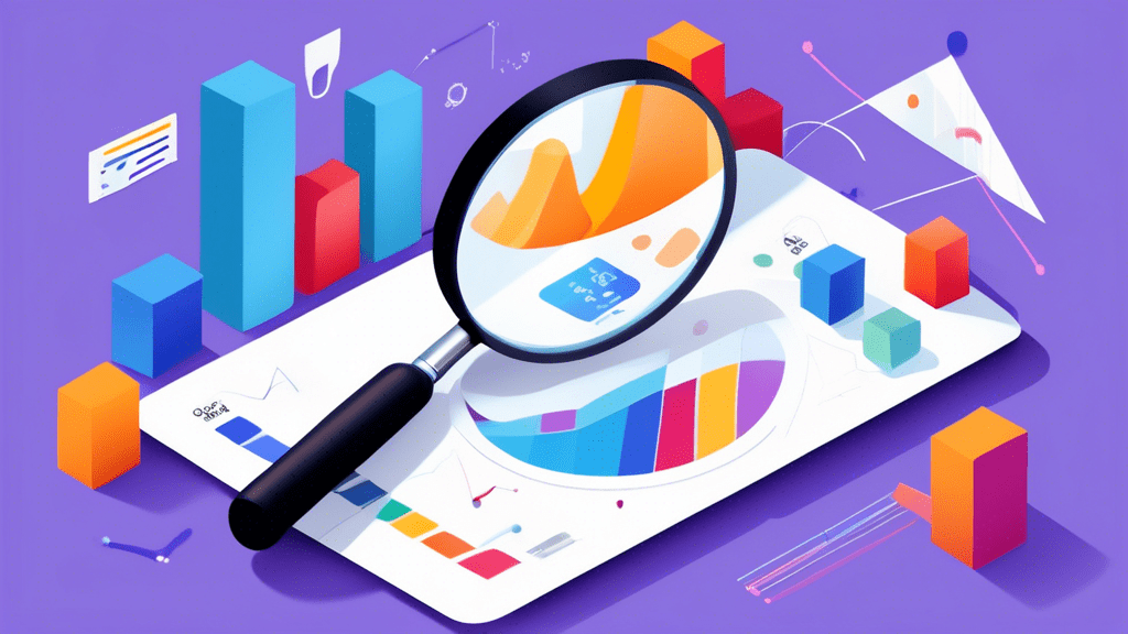 A magnifying glass hovering over a Google My Business storefront, with charts and graphs analyzing foot traffic, website clicks, and customer engagement.