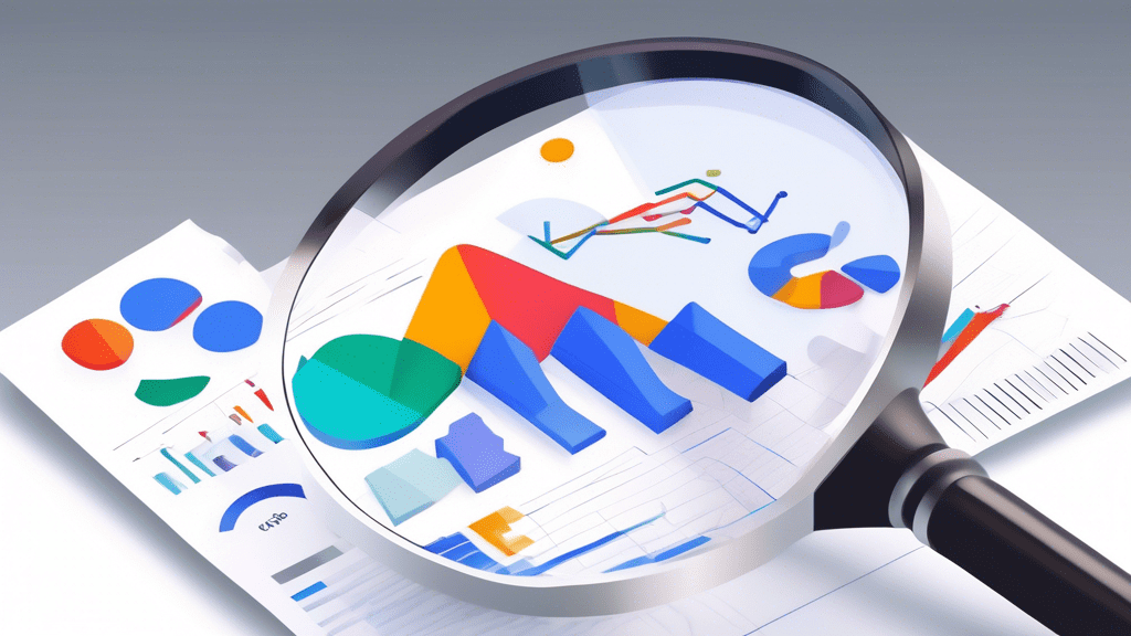 A magnifying glass hovering over a Google My Business profile page with charts and graphs coming out of it.