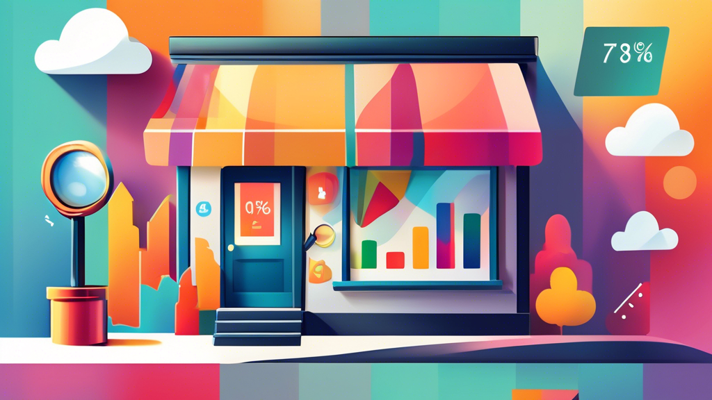 A friendly storefront with a magnifying glass hovering over a Google Maps location pin, with data charts and graphs coming out of the pin.