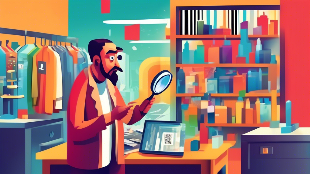 A confused shopkeeper looking through a magnifying glass at a Google Maps pin with a barcode emerging from the top.