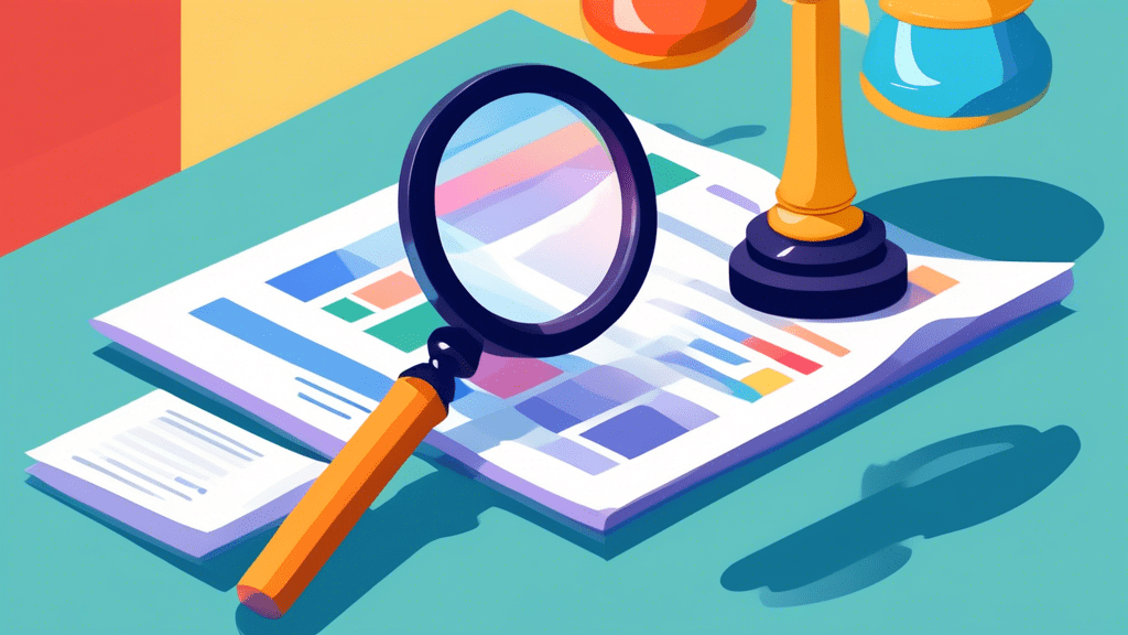 A magnifying glass hovering over a Google My Business storefront, with legal documents and a gavel surrounding it.