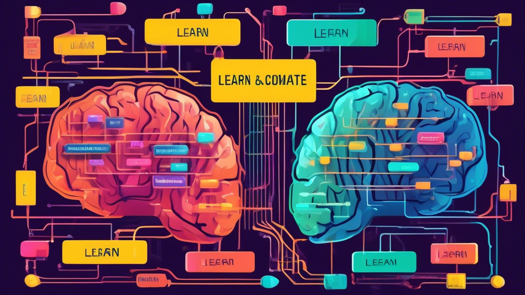 A flowchart connecting human brains with computer chips, labeled with words like learn and automate