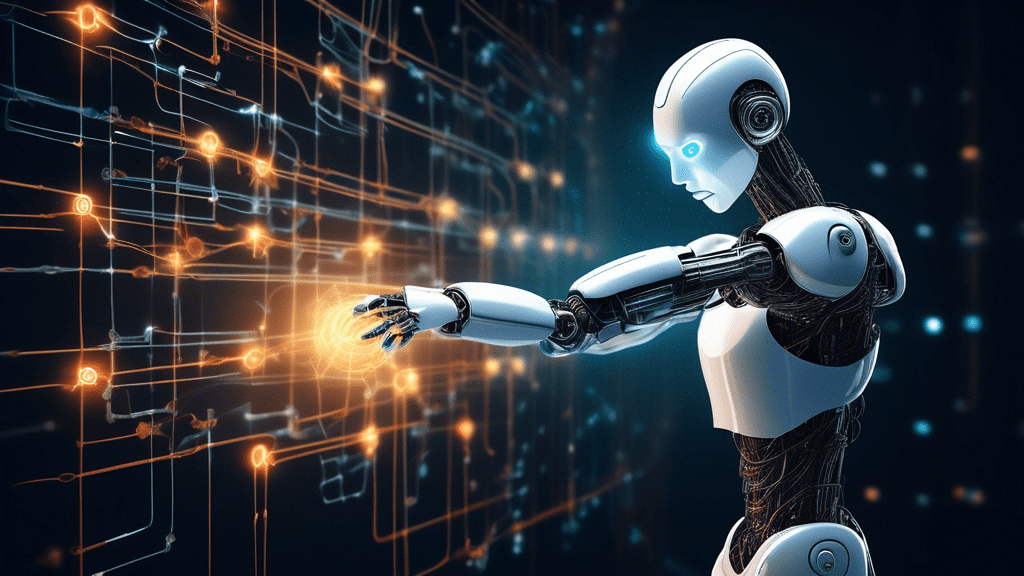 A friendly robot guiding a human hand through a complex, glowing network of information, symbolizing the learning process of a large language model agent.