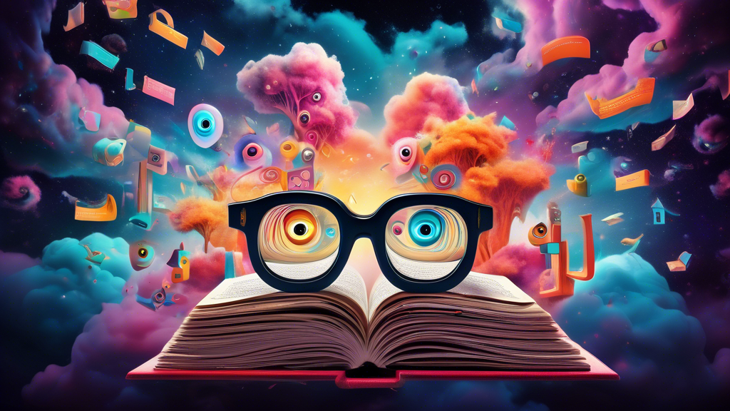 Create an image depicting a giant, whimsical book with eyes and glasses, floating in a surreal dreamscape filled with colorful, swirling clouds and abstract shapes. The book appears to be hallucinatin