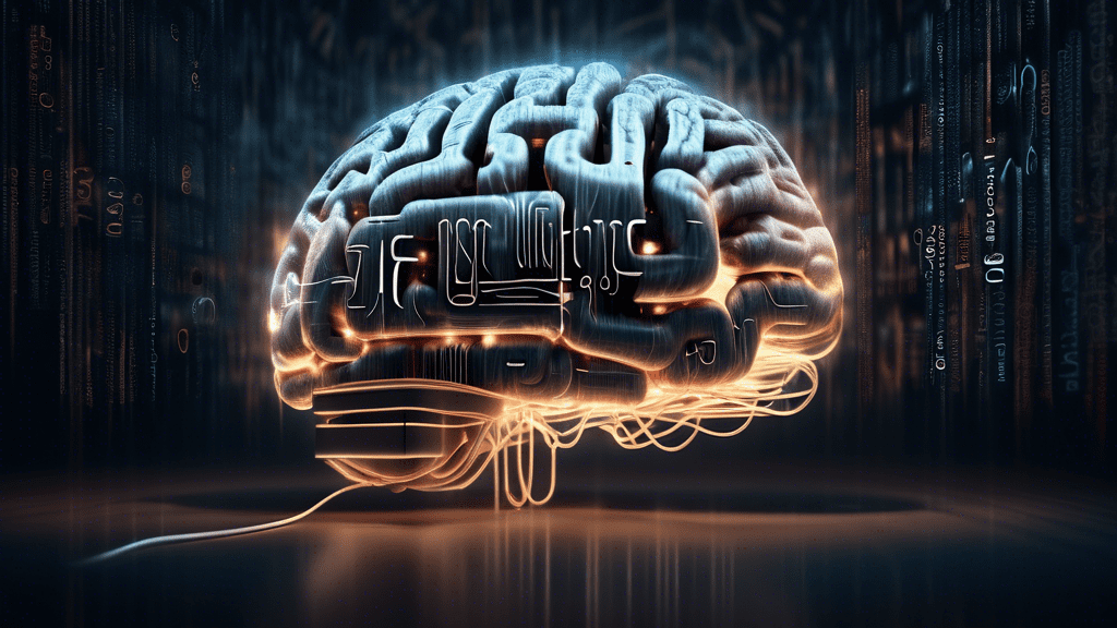 A brain made of interconnected text glowing with light, surrounded by floating words and code.