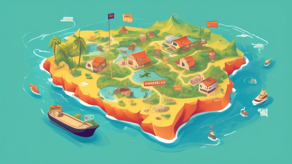 A friendly, cartoon map pointing to different labeled locations on a large island labeled Namecheap, with a smaller island to the east labeled Subdomain.