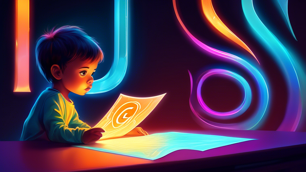 A curious child stares intently at a glowing, futuristic scroll with the letter G prominently displayed on it.