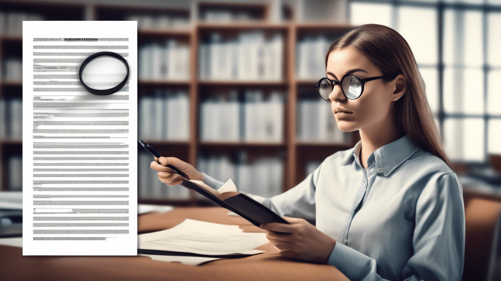 Create an image showing a person holding a magnifying glass over a document filled with text, illustrating the concept of text verification. The person should have a thoughtful expression, and there s