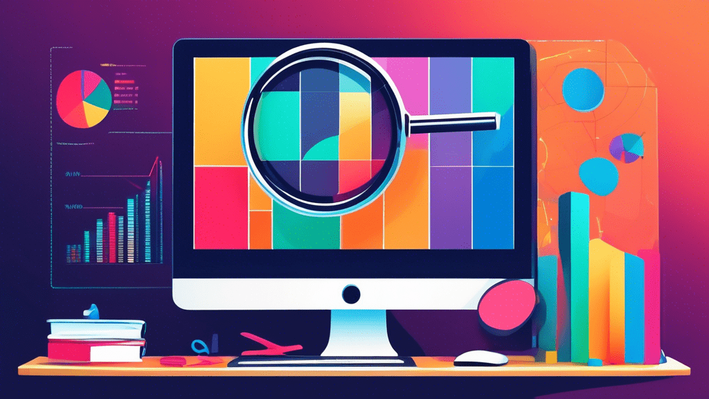 Create an image depicting a magnifying glass hovering over a computer monitor filled with various colorful graphs and charts. The screen should also show user profile icons and website analytics in th