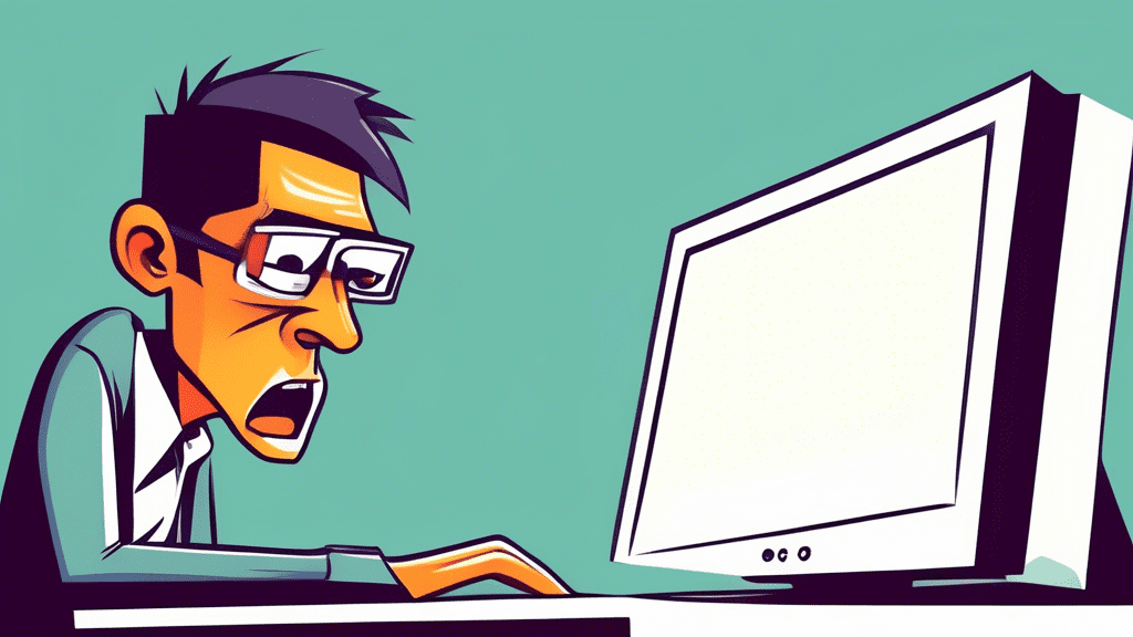 A frustrated website visitor staring at a blank white webpage with a generic 404 error message on a broken computer monitor.