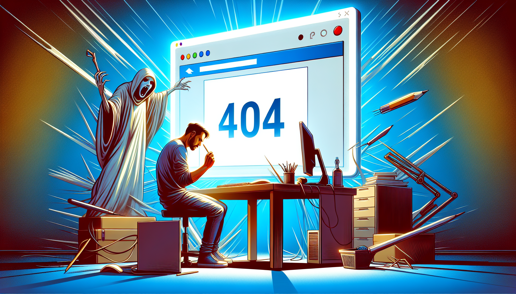 A frustrated user staring at a generic white webpage with a 404 error message.