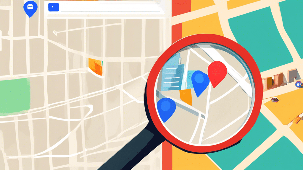 A magnifying glass hovering over a storefront with a Google Maps pin and the words Business Profile ID embedded inside.