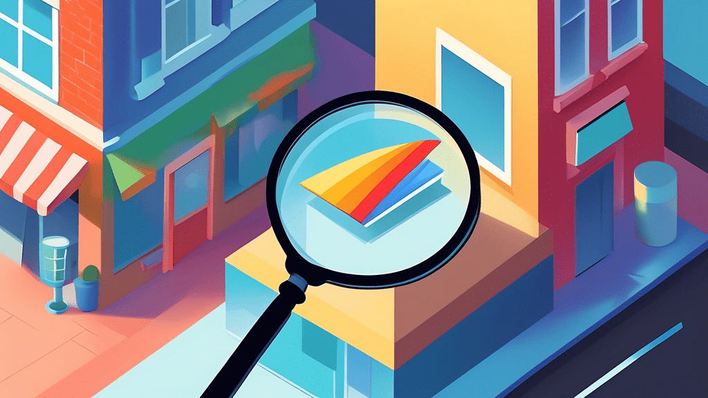 A magnifying glass hovering over a storefront with a Google Maps pin labeled Business Profile ID embedded in the roof.