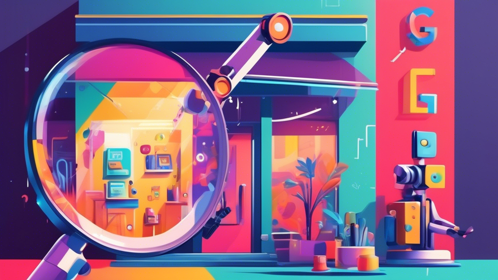 A magnifying glass hovering over a Google My Business storefront, with a robotic arm stamping a unique ID number on it.